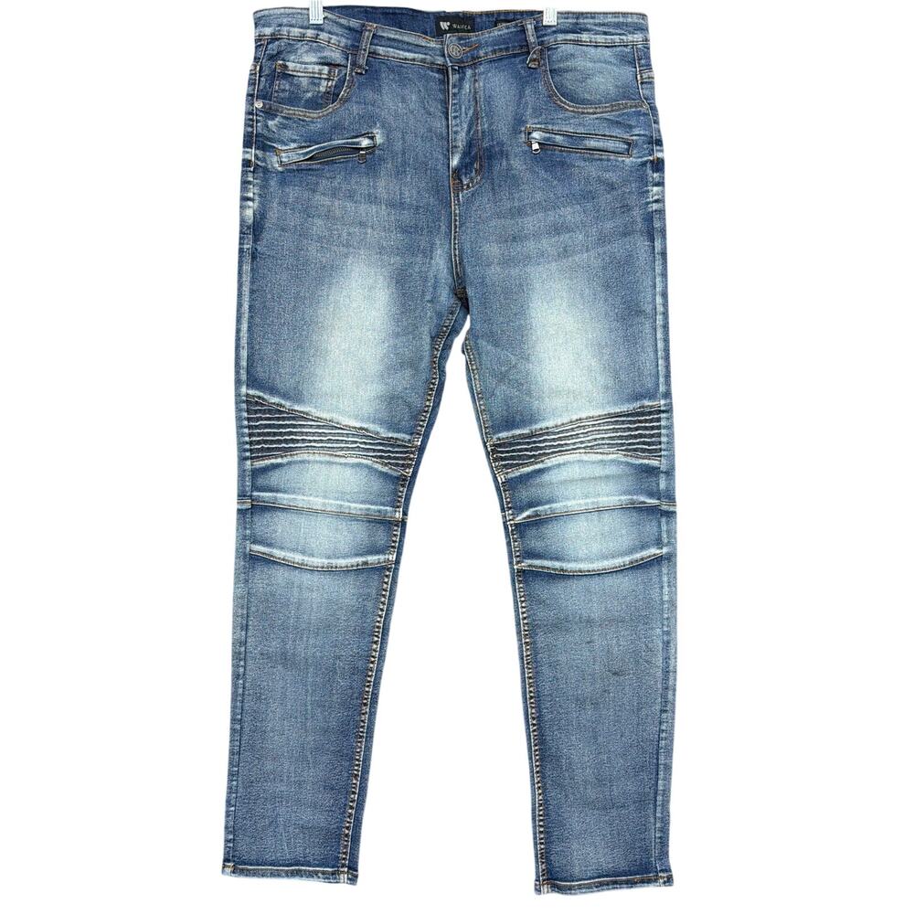 Waimea Mens Jeans Blue Denim Skinny Acid Wash Zip Accent Stretch 40x32
